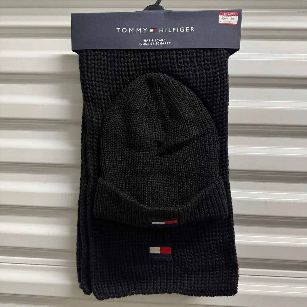 Tommy Hilfiger Black Knit Hat and Scarf Set Men OS